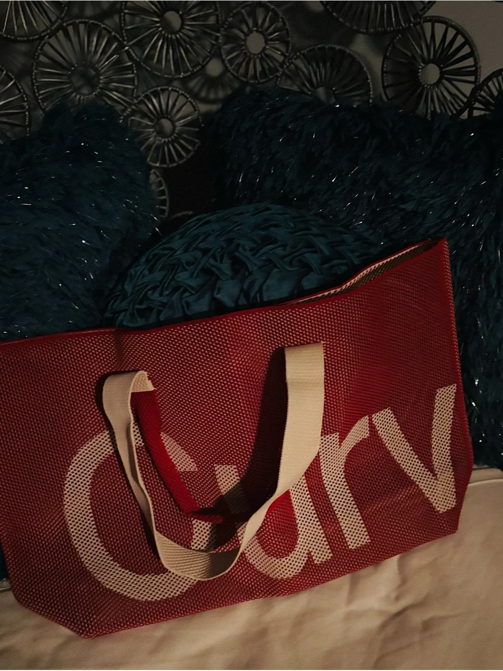 Perforated Knit Tote in Scarlett Red with Cream Handles